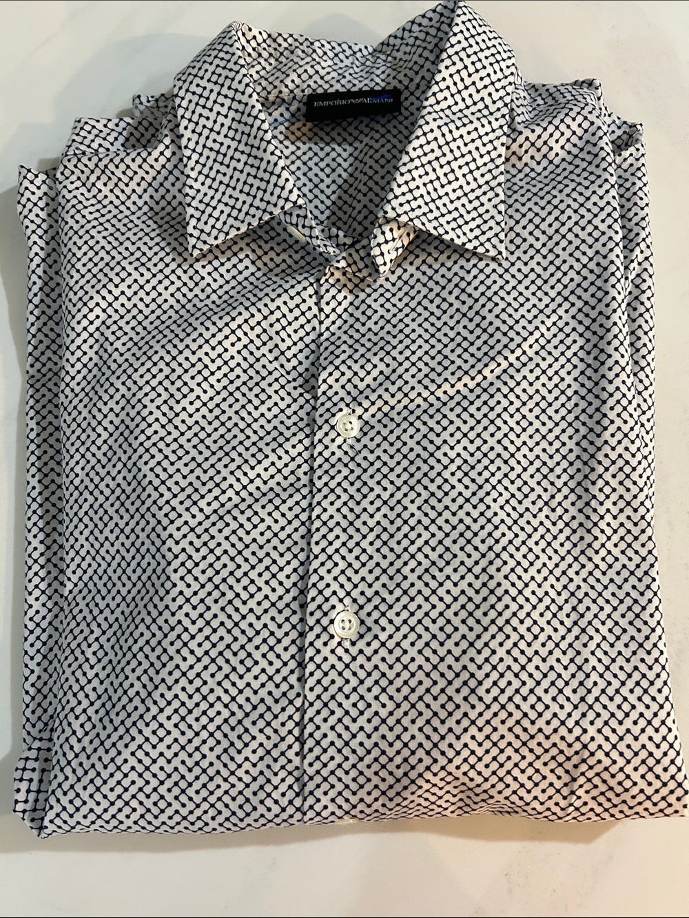 Emporio Armani Men’s White Shirt with Navy Geometric Pattern